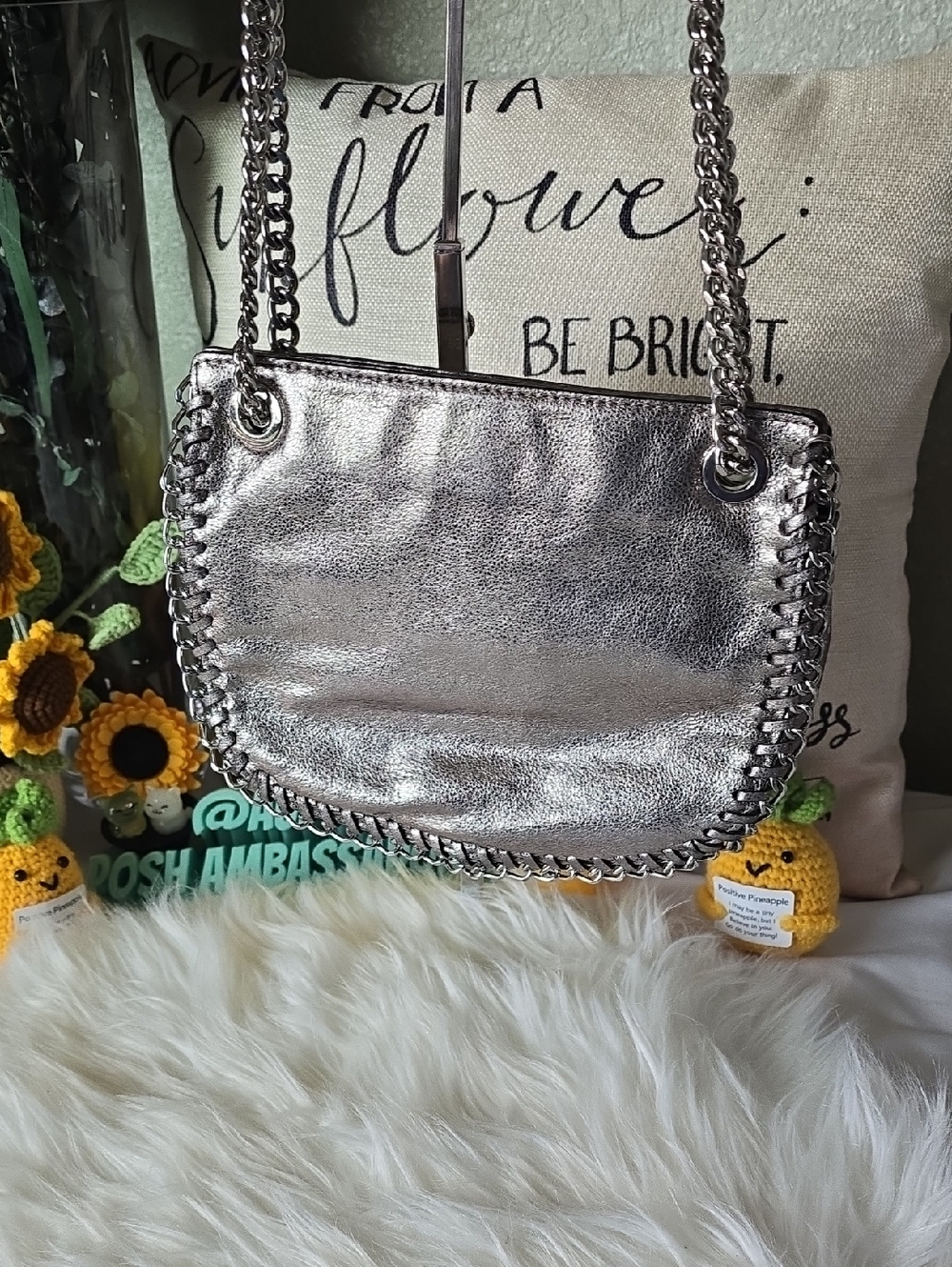 MICHEAL Micheal KORS Metallic LEATHER Silver Chain-Trim Shoulder Bag 2 Way Bag